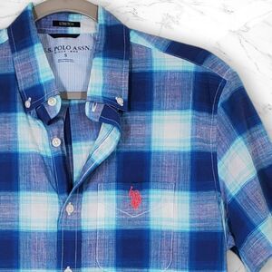 US Polo ASSN Men's Short Sleeve Shirt Size S Small Button Up Shirt Plaid Blue